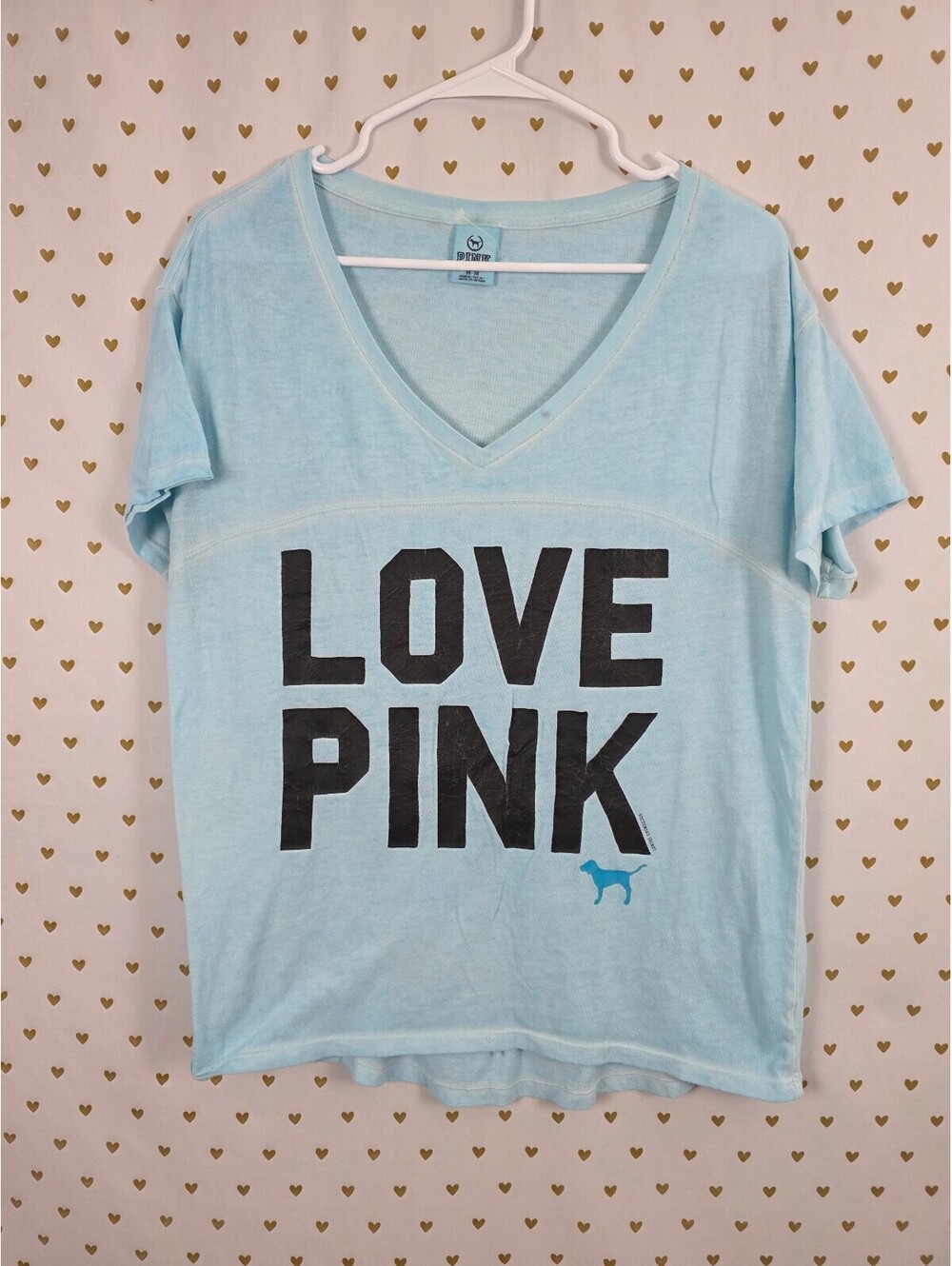 Victorias Secret PINK Vintage Blue V neck logo Tee shirt Medium